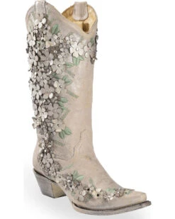 Corral Women's Floral Overlay Embroidered Stud And Crystals Western Boots - Snip Toe