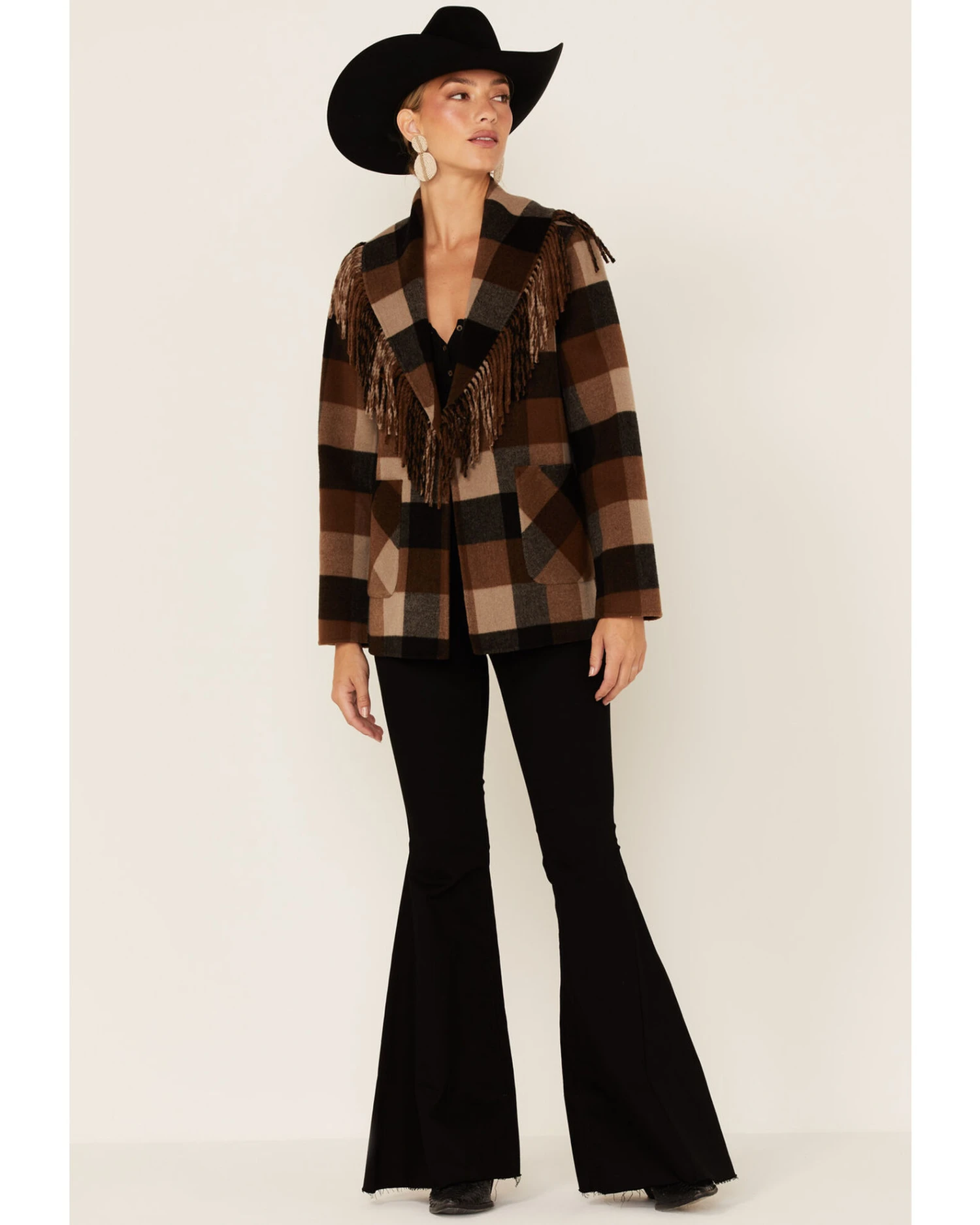 Pendleton Women's Charcoal & Camel Fringed Wool Blend Barn Coat 4 Pendleton Women's Charcoal & Camel Fringed Wool Blend Barn Coat - Image 2