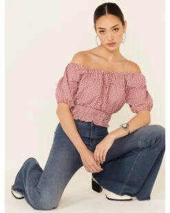 Beyond The Radar Women's Gingham Off-Shoulder Peasant Crop TopĀ