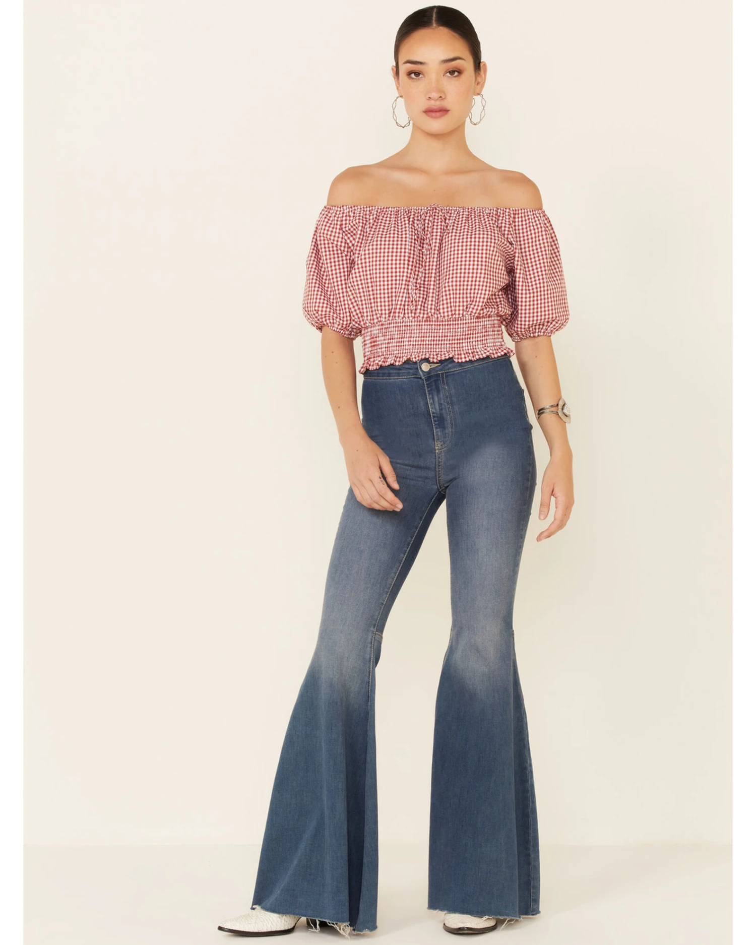 Beyond The Radar Women's Gingham Off-Shoulder Peasant Crop Top 4 Beyond The Radar Women's Gingham Off-Shoulder Peasant Crop Top - Image 2