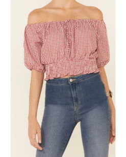 Beyond The Radar Women's Gingham Off-Shoulder Peasant Crop Top 8 Beyond The Radar Women's Gingham Off-Shoulder Peasant Crop Top -Ladies Western Cowboy 2000343879 600 P3