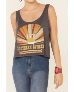 Goodie Two Sleeves Women's Charcoal Southern Sunsets Graphic Crop Tank Top -Ladies Western Cowboy 2000343919 022 P3