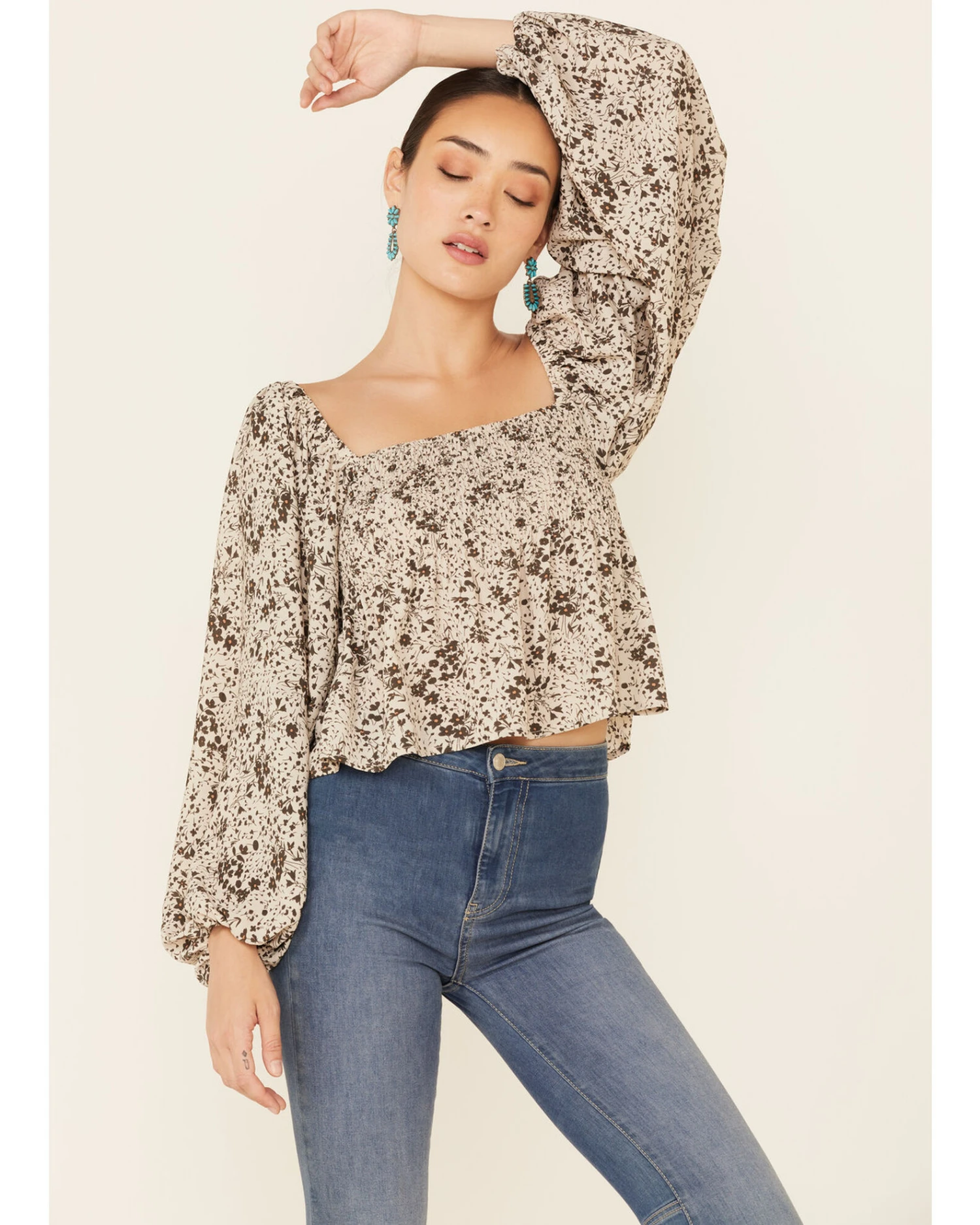 By Together Women's Floral Print Smocked Long Sleeve Crop Top 3 By Together Women's Floral Print Smocked Long Sleeve Crop Top
