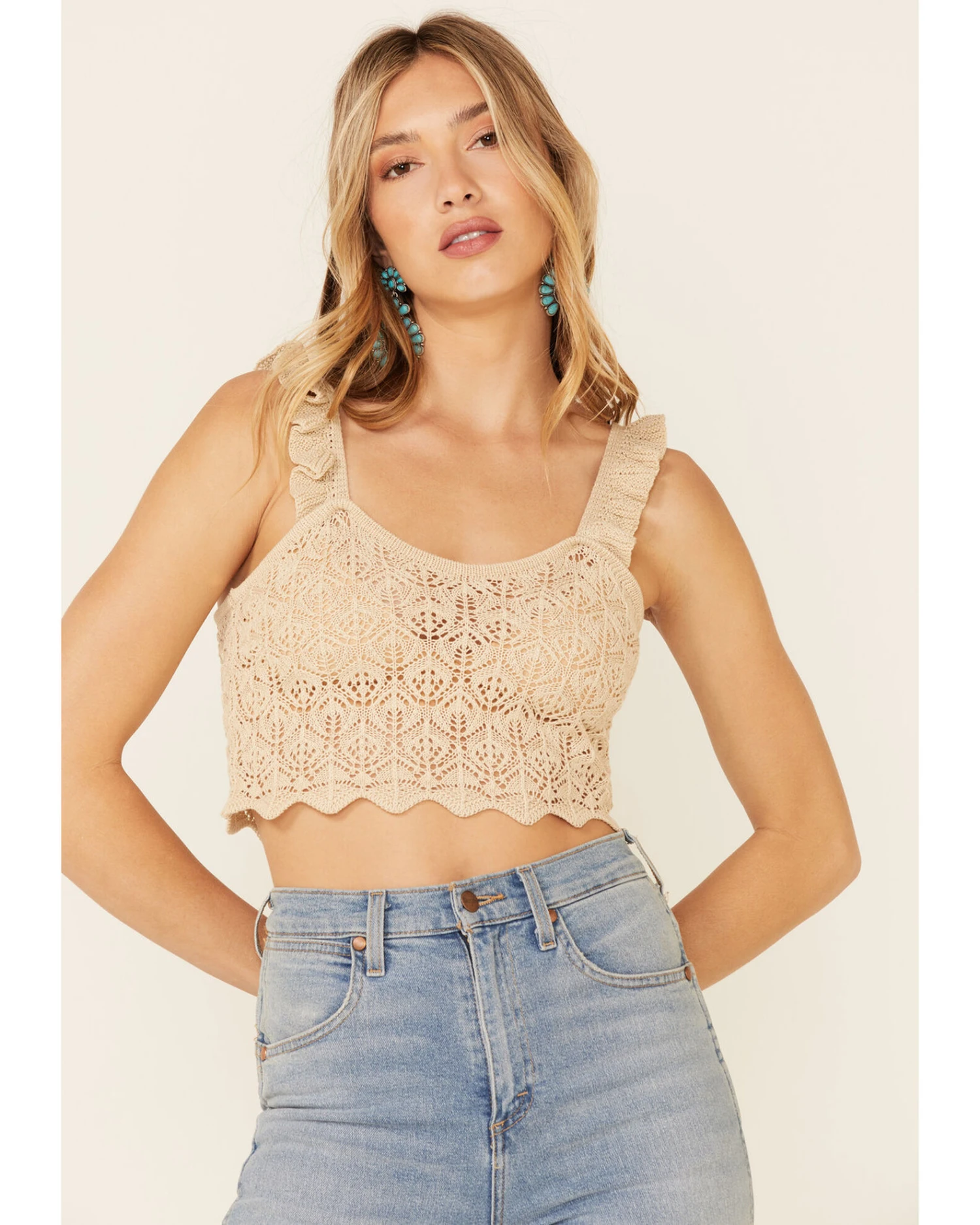 Very J Women's Natural Ruffle Strap Sweater-Knit Crop Tank Top 3 Very J Women's Natural Ruffle Strap Sweater-Knit Crop Tank Top