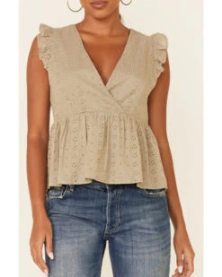 Wishlist Women's Gucci Eyelet Ruffle Surplice Short Sleeve Babydoll Top  -Ladies Western Cowboy 2000349957 341 P3