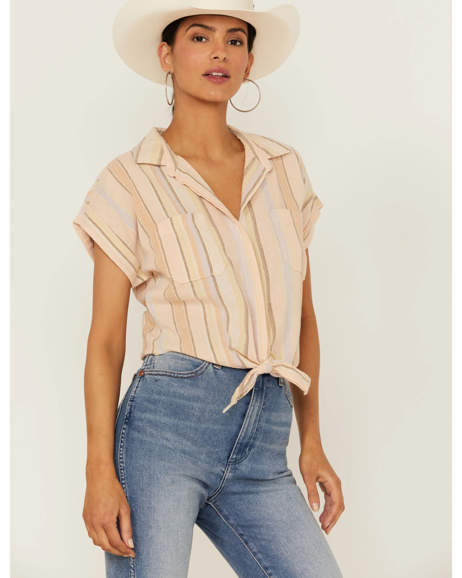 Shyanne Women's Multicolored Stripe Tie Front Camp Blouse 3 Shyanne Women's Multicolored Stripe Tie Front Camp Blouse