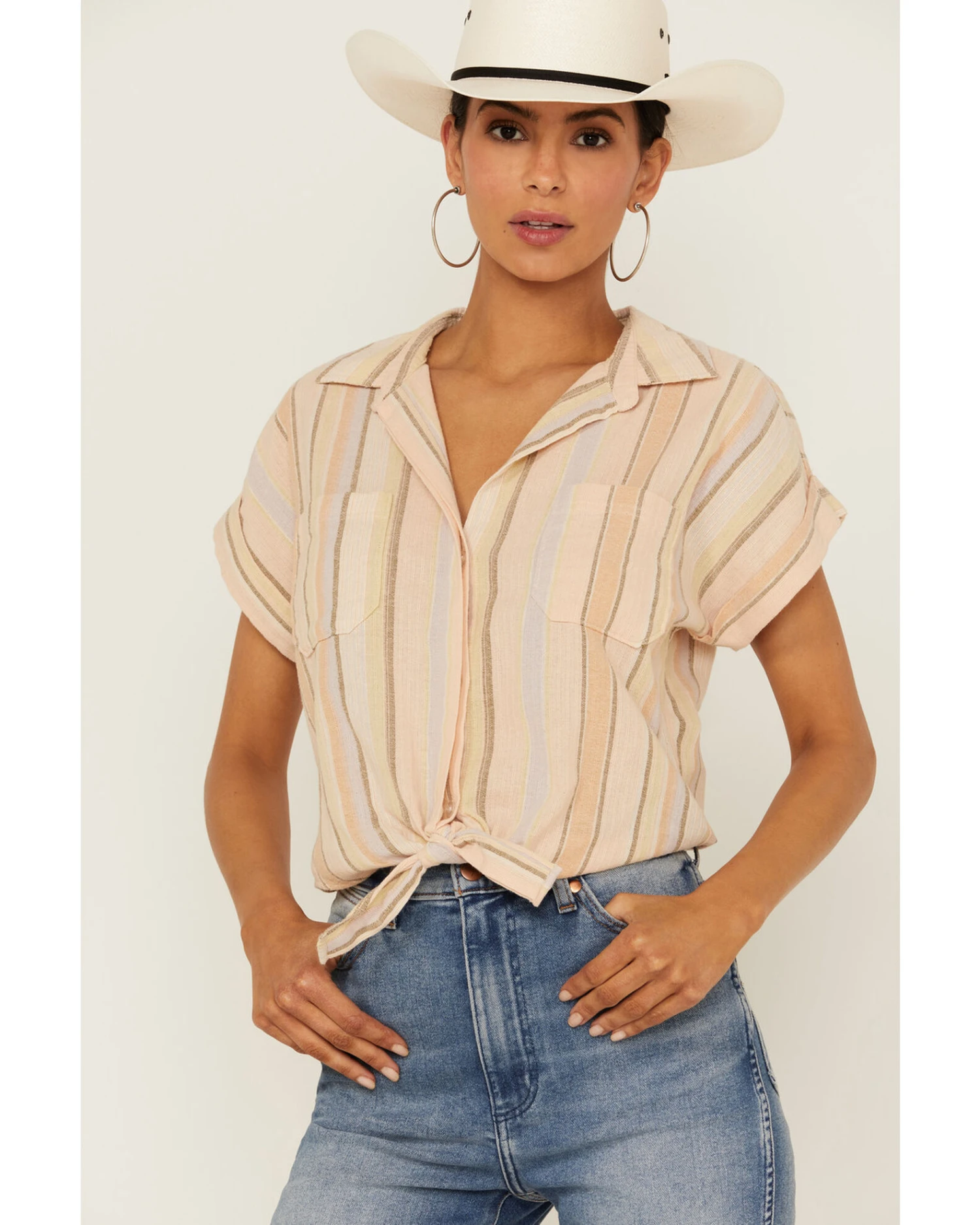 Shyanne Women's Multicolored Stripe Tie Front Camp Blouse 4 Shyanne Women's Multicolored Stripe Tie Front Camp Blouse - Image 2