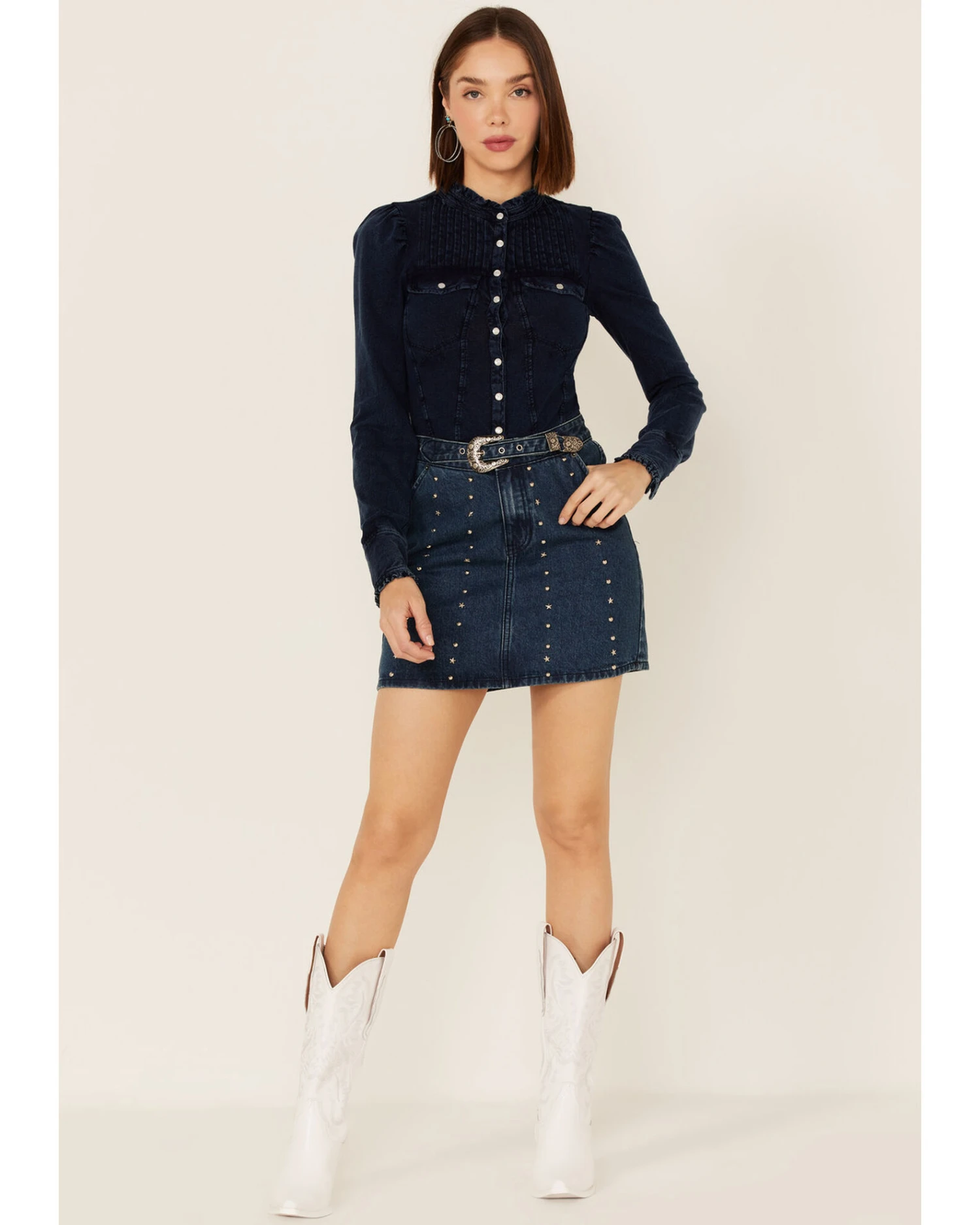 Rock & Roll Denim Women's Dark Wash Studded Belted Western Denim Mini Skirt 4 Rock & Roll Denim Women's Dark Wash Studded Belted Western Denim Mini Skirt - Image 2
