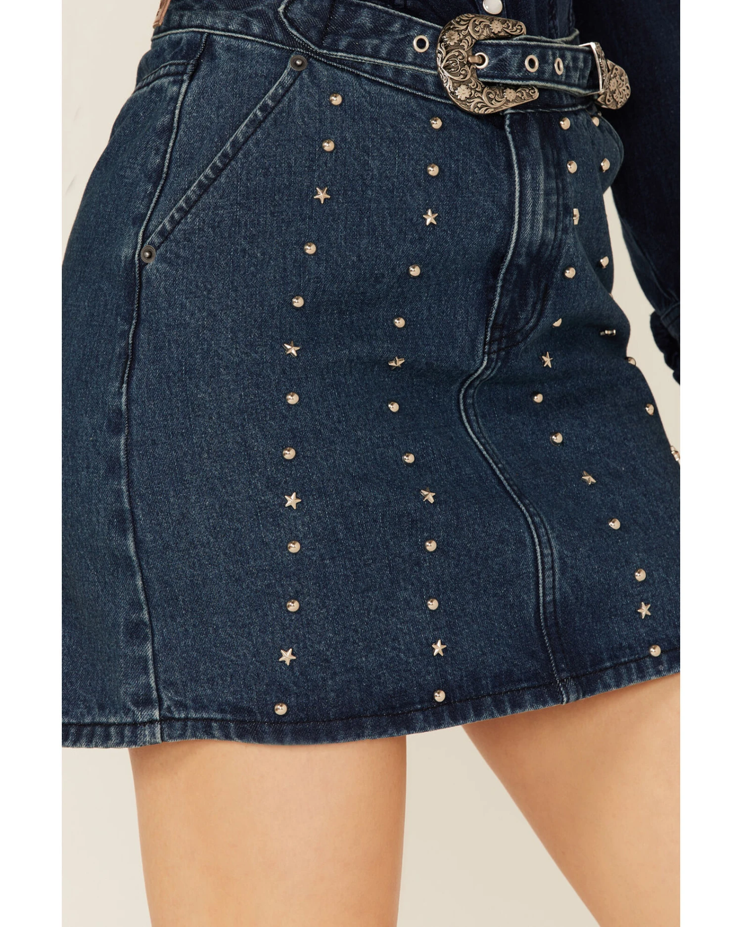 Rock & Roll Denim Women's Dark Wash Studded Belted Western Denim Mini Skirt 5 Rock & Roll Denim Women's Dark Wash Studded Belted Western Denim Mini Skirt - Image 3