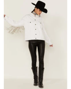 The Billy Jacket By DanielXDiamond: Women's White Denim Jacket With Silver Fringe 