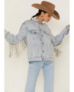 The Dylan Jacket By DanielXDiamond: Women's Blue Denim Jacket With Silver Fringe 