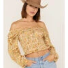 Jolt Women's Floral Print Smocked Long Sleeve Crop Top 2 Jolt Women's Floral Print Smocked Long Sleeve Crop Top -Ladies Western Cowboy 2000371508 103 P1