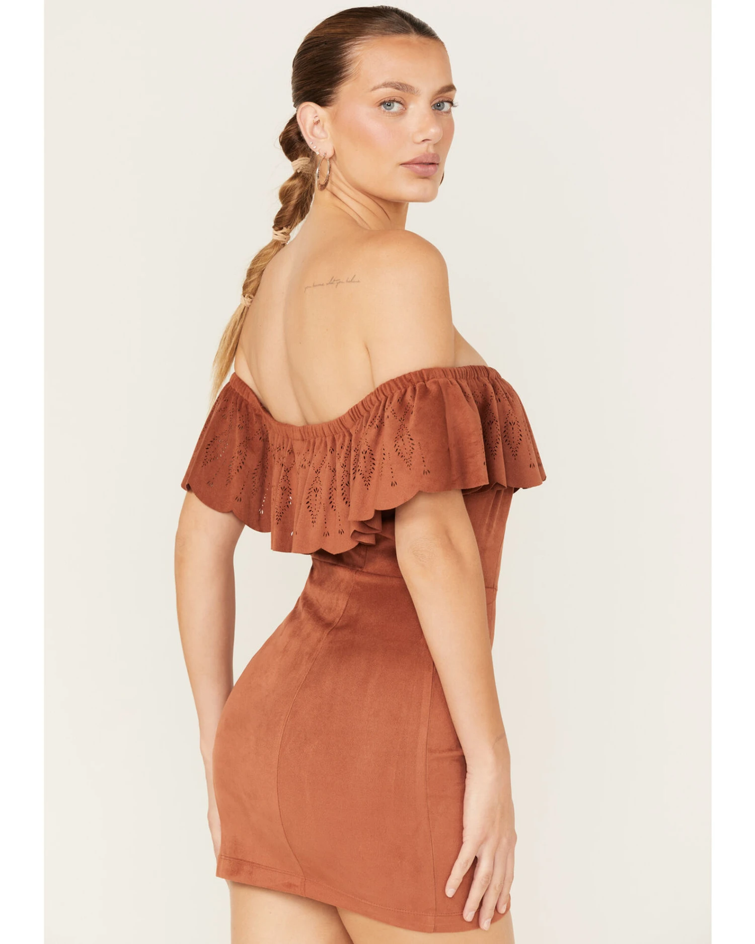 Shyanne Women's Off Shoulder Faux Suede Dress 6 Shyanne Women's Off Shoulder Faux Suede Dress - Image 4