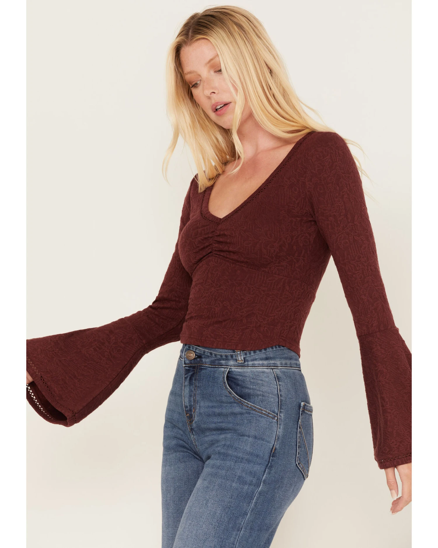 Shyanne Women's Deep V-Neck Bell Sleeve Crop Top 4 Shyanne Women's Deep V-Neck Bell Sleeve Crop Top - Image 2