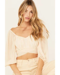 Beyond The Radar Women's Sheer Dot Puff Sleeve Crop Top