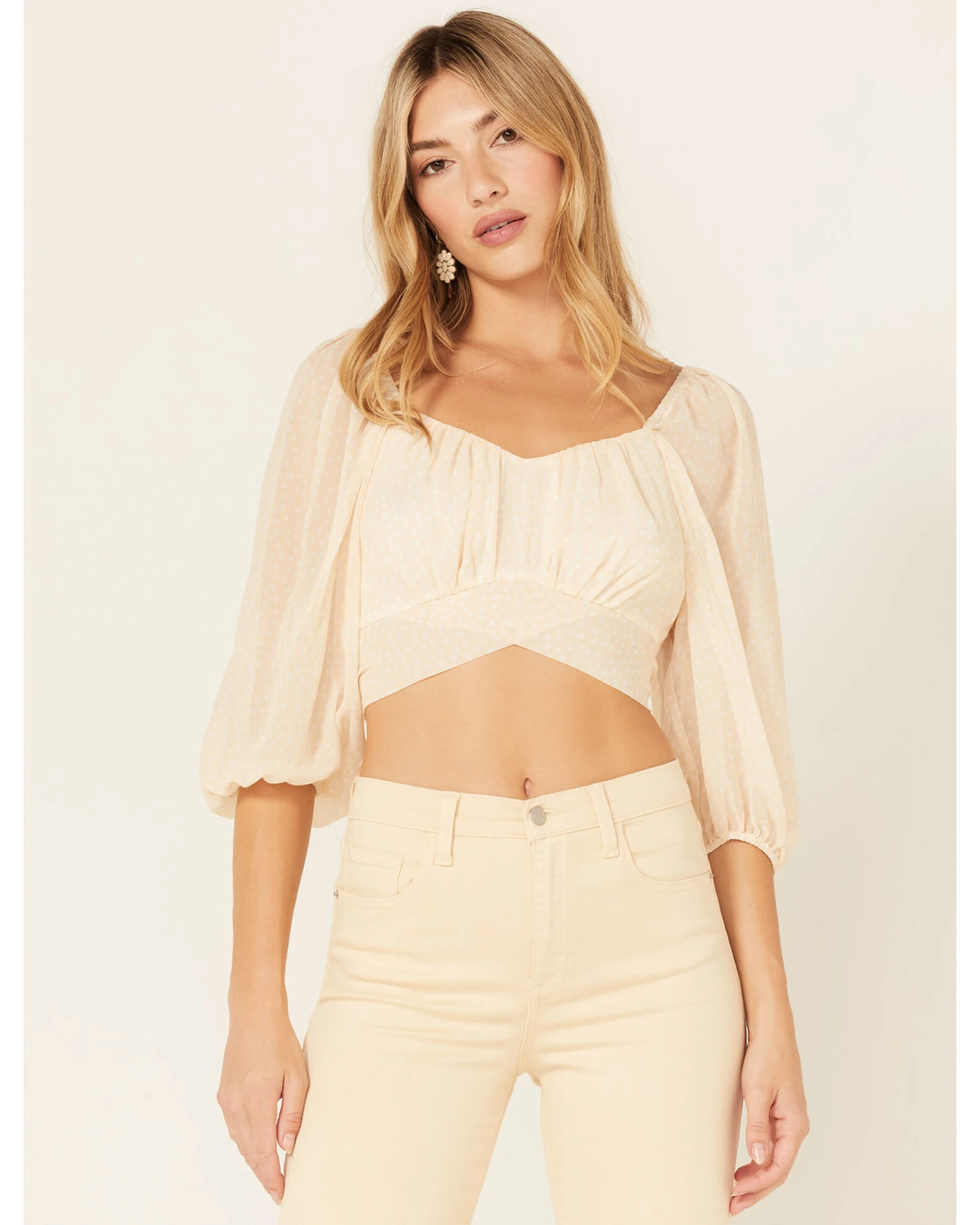 Beyond The Radar Women's Sheer Dot Puff Sleeve Crop Top 4 Beyond The Radar Women's Sheer Dot Puff Sleeve Crop Top - Image 2