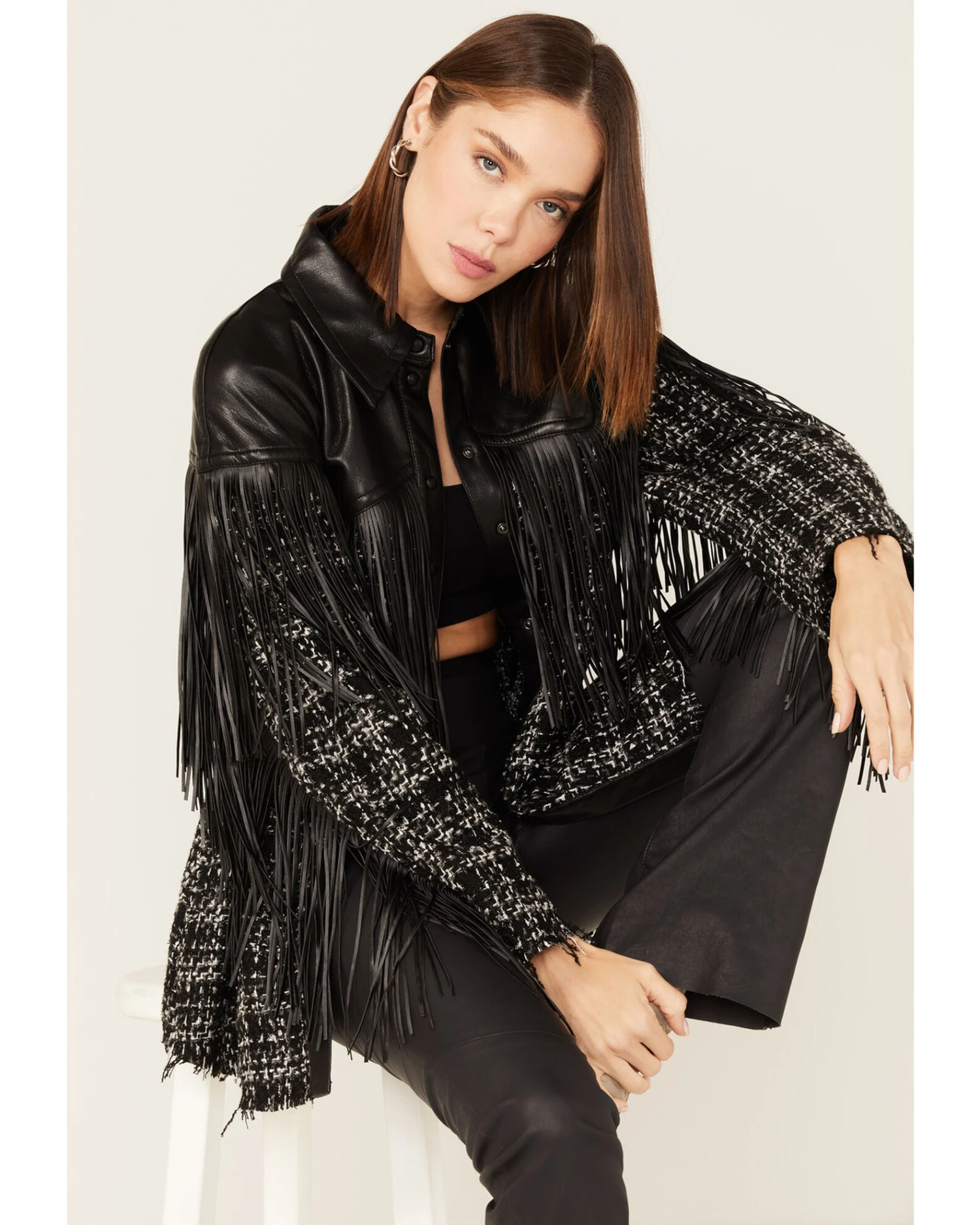 Boom Boom Jeans Women's Tweed & Fringe Faux Leather Western Jacket 3 Boom Boom Jeans Women's Tweed & Fringe Faux Leather Western Jacket