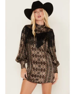 Shyanne Women's Long Sleeve Satin Fringe Mode Dress