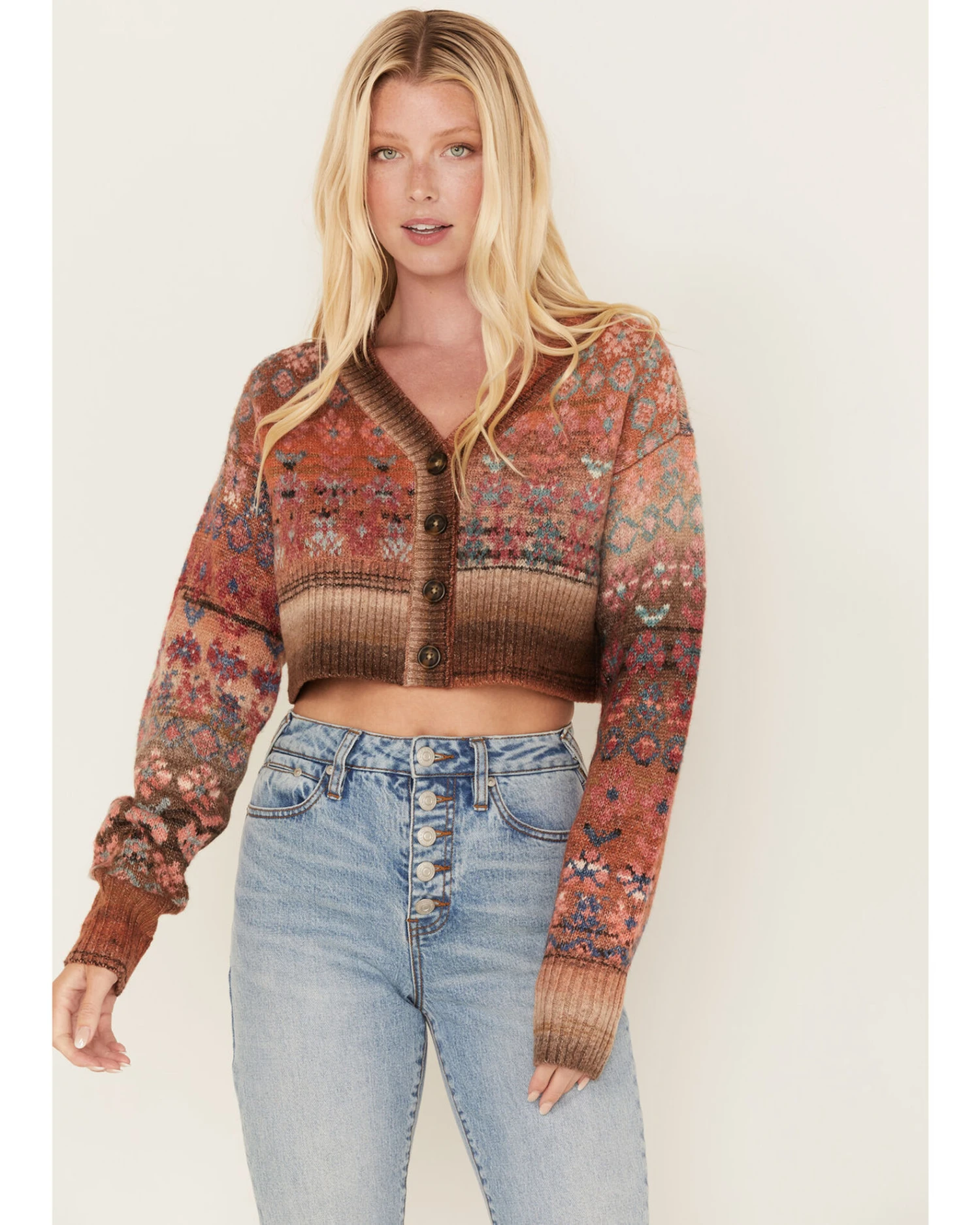 Cleo + Wolf Women's Geo Pattern Knit Cropped Cardigan 3 Cleo + Wolf Women's Geo Pattern Knit Cropped Cardigan