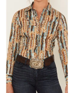 Rock & Roll Denim Southwestern Print Long Sleeve Snap Stretch Western Shirt -Ladies Western Cowboy 2000381064 200 P3