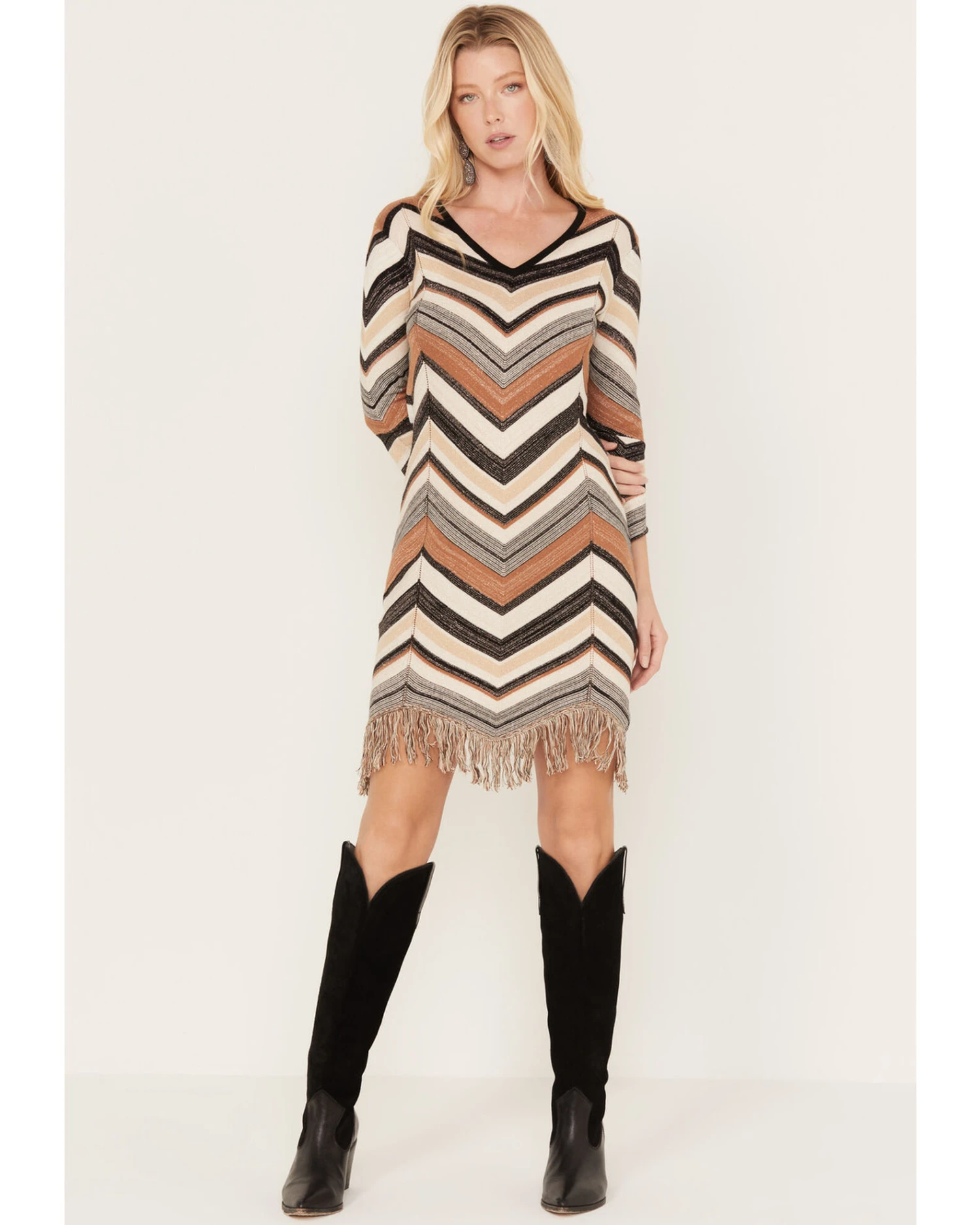 Shyanne Women's Zig Zag Fringe Sweater Dress 4 Shyanne Women's Zig Zag Fringe Sweater Dress - Image 2