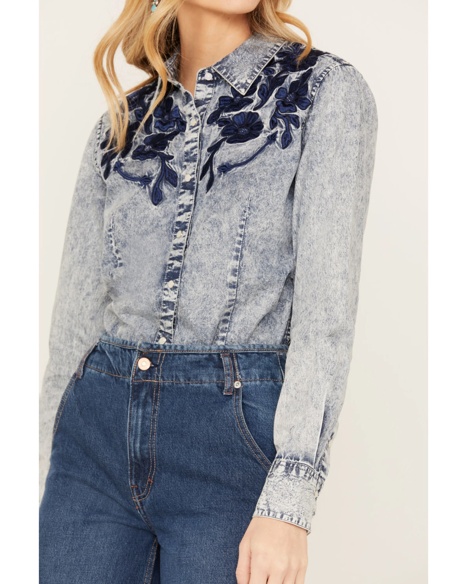 Panhandle Women's Medium Wash Floral Long Sleeve Pearl Snap Western Shirt 5 Panhandle Women's Medium Wash Floral Long Sleeve Pearl Snap Western Shirt - Image 3