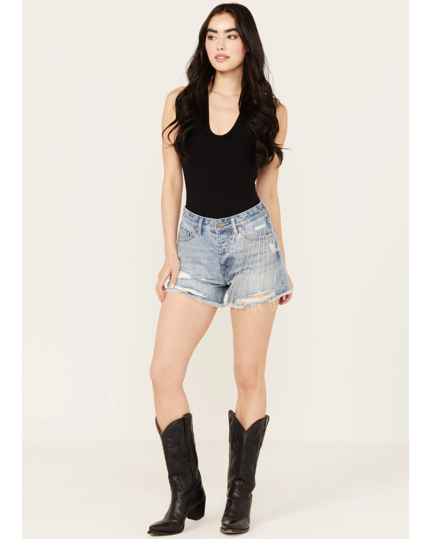 Rock & Roll Denim Women's Light Wash Mid Rise Chain Fringe Denim Shorts 3 Rock & Roll Denim Women's Light Wash Mid Rise Chain Fringe Denim Shorts