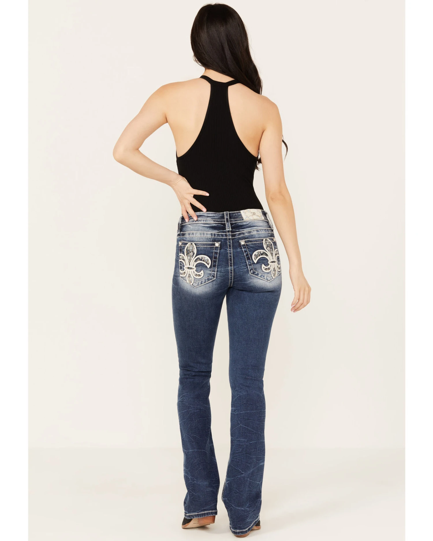 Miss Me Women's Dark Wash Mid Rise Fleur De Lis Bootcut Denim Jeans 3 Miss Me Women's Dark Wash Mid Rise Fleur De Lis Bootcut Denim Jeans