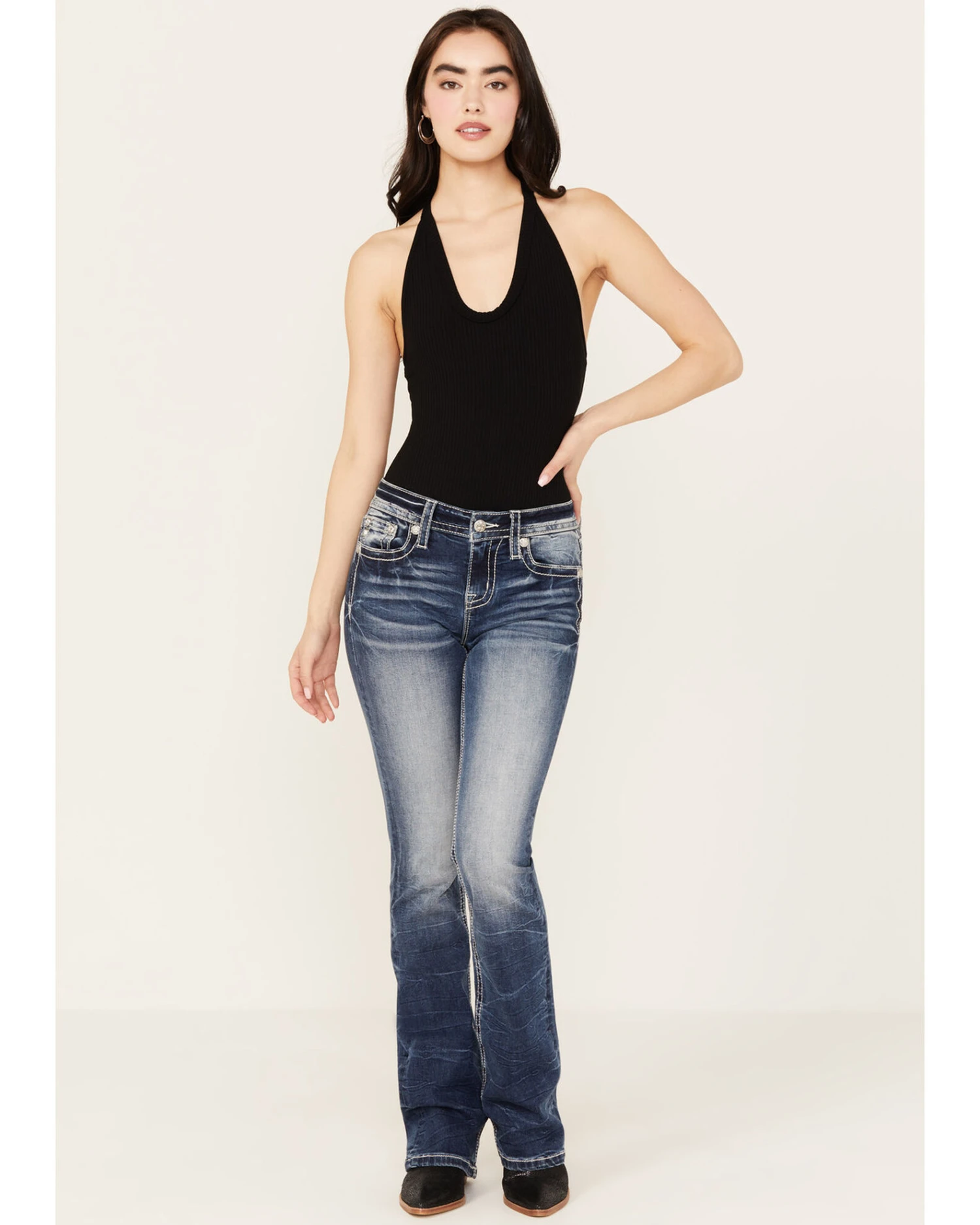 Miss Me Women's Dark Wash Mid Rise Fleur De Lis Bootcut Denim Jeans 5 Miss Me Women's Dark Wash Mid Rise Fleur De Lis Bootcut Denim Jeans - Image 3