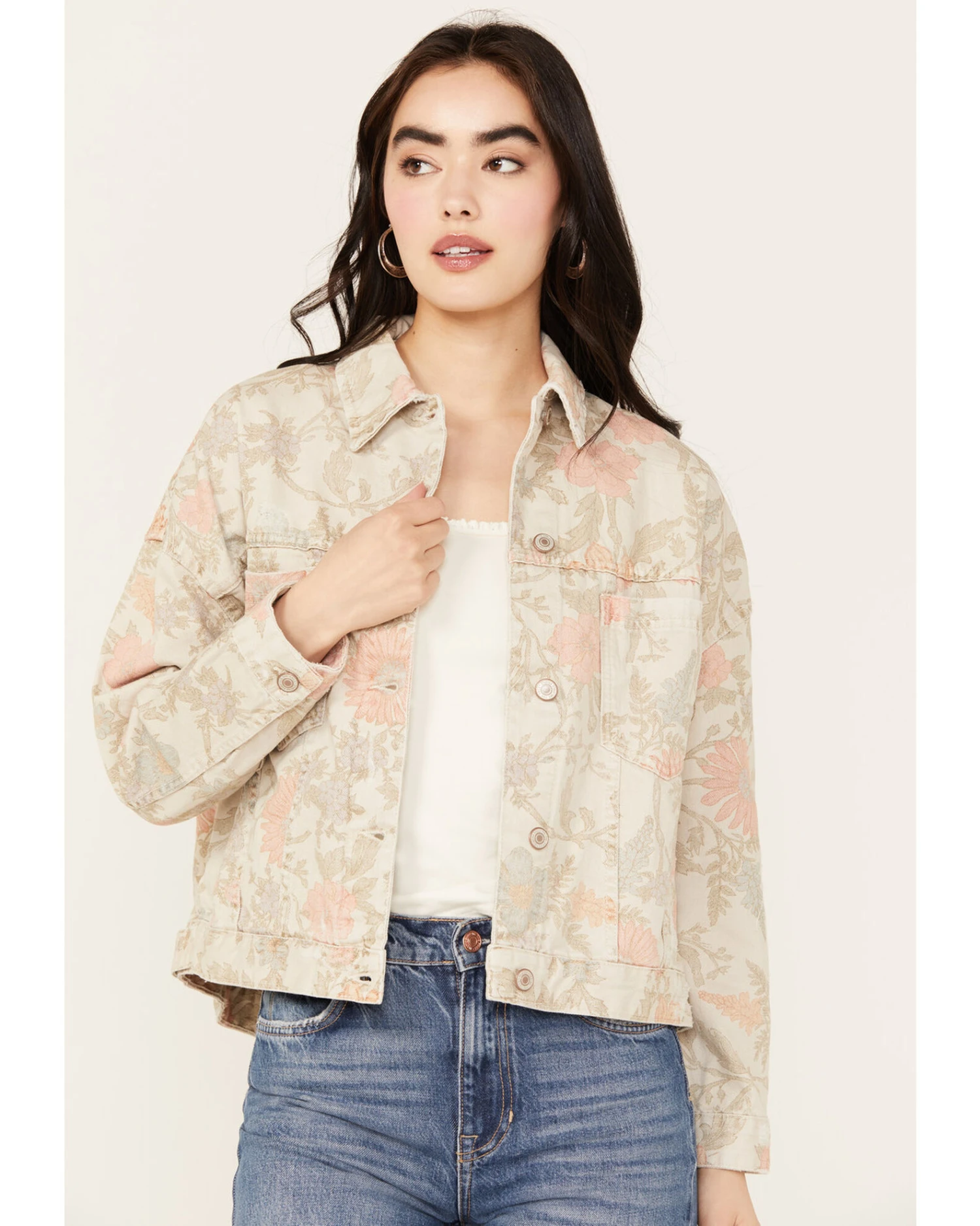 Free People Women's Floral Printed Denim Jacket 3 Free People Women's Floral Printed Denim Jacket