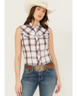Ely Walker Women's Sleeveless Plaid Print Western Pearl Snap Shirt