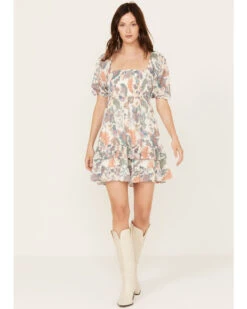 Flying Tomato Women's Floral Smocked Short Sleeve Mini Dress