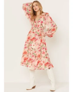 Flying Tomato Women's Floral Print Long Sleeve Midi Dress
